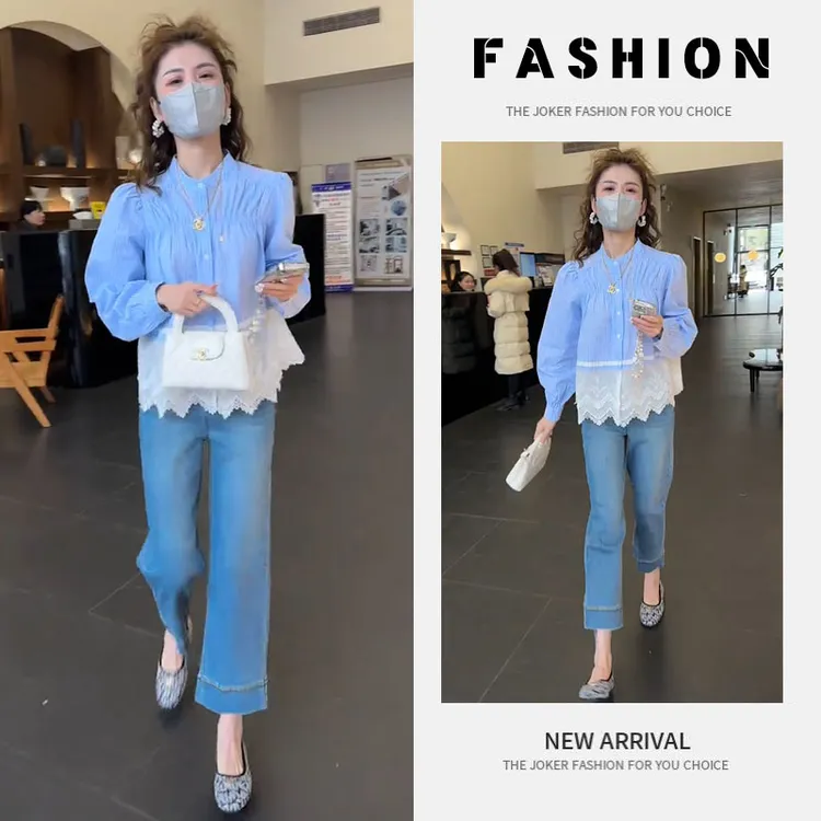 早春一整套女装2025新款韩版蕾丝泡泡袖衬衫微喇简约牛仔裤两件套