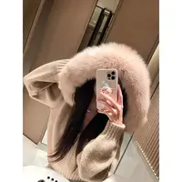 小香风毛衣外套连帽大毛领慵懒高级感加厚短款针织开衫 81290