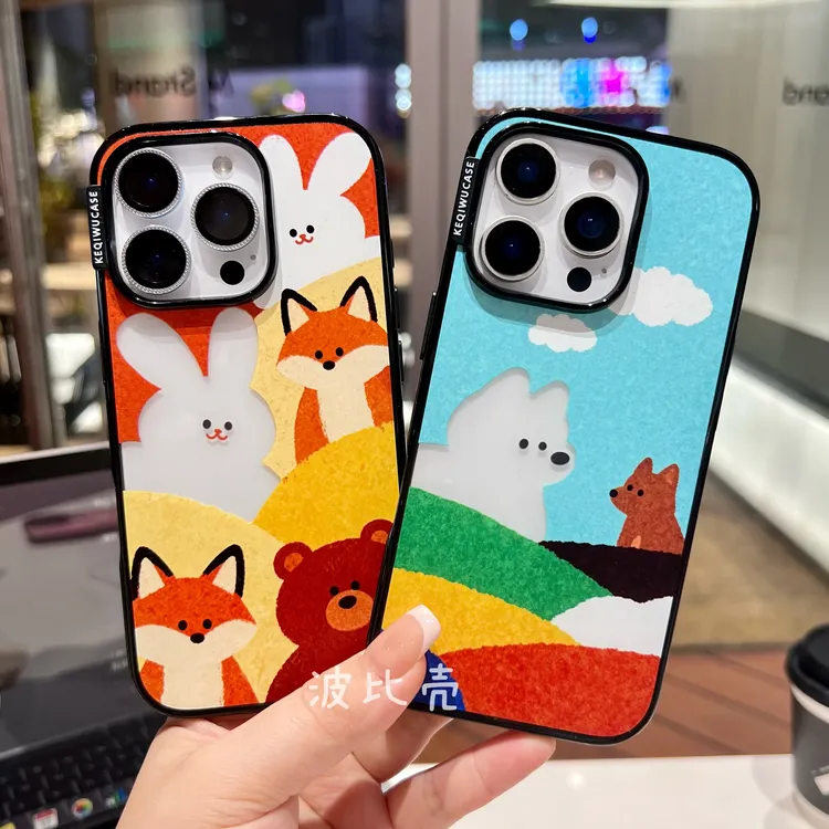 卡通秋冬创意可爱油画小熊兔子适用苹果手机壳iphone17pro全包/16