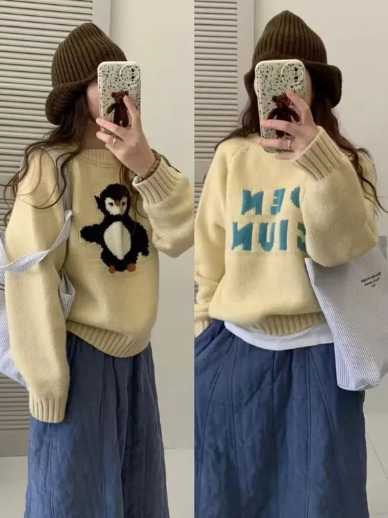 设计感正反两面卡通企鹅字母提花圆领套头毛衣女新款加厚百搭上衣