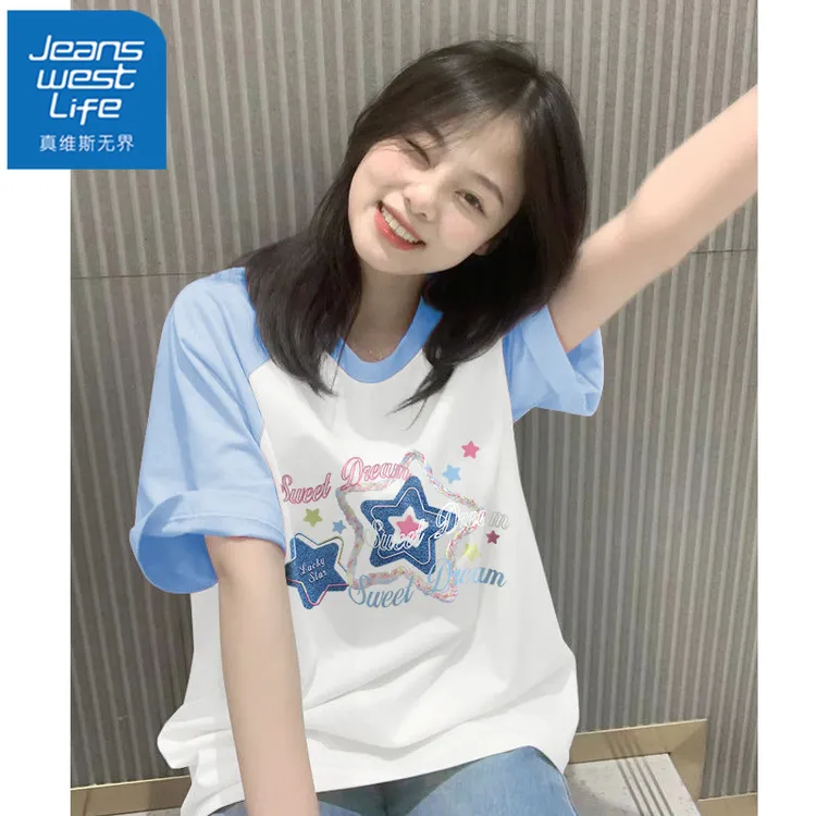 真维斯无界插肩撞色短袖t恤女款2025新款爆款洋气休闲装小众宽松