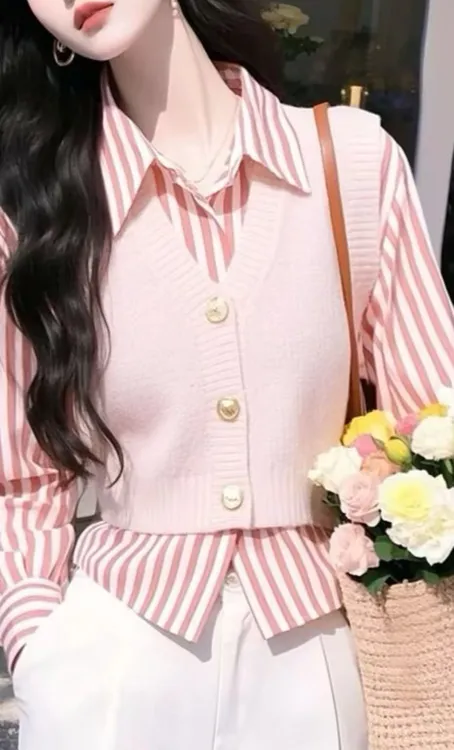 2025早春季女装高级感减龄洋气粉色条纹衬衫搭配针织马甲休闲上衣