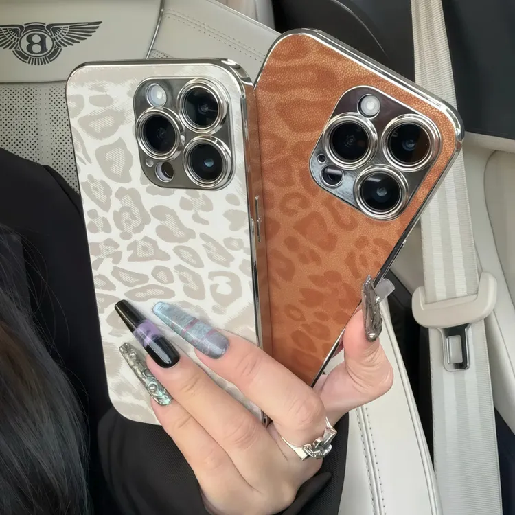 高品质豹纹ins辣妹苹果16皮质电镀框适用iphone15/14全包13手机壳