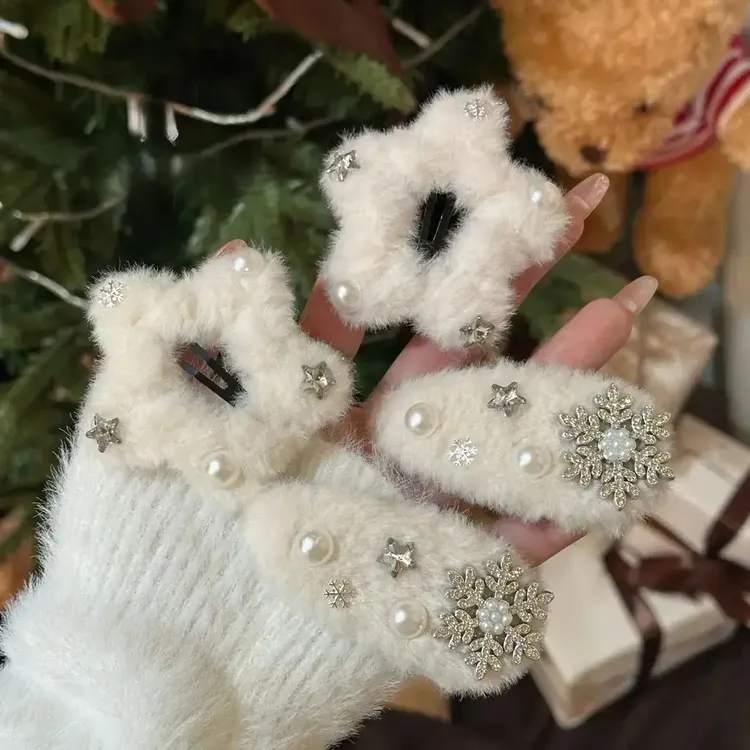 冬日来信~秋冬毛绒雪花星星发夹女侧边夹甜美可爱韩系发卡刘海夹