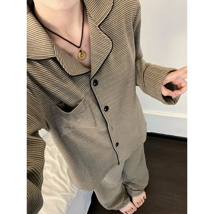 韩系高级感条纹德绒睡衣女秋冬新款大码加厚长袖长裤家居服两件套