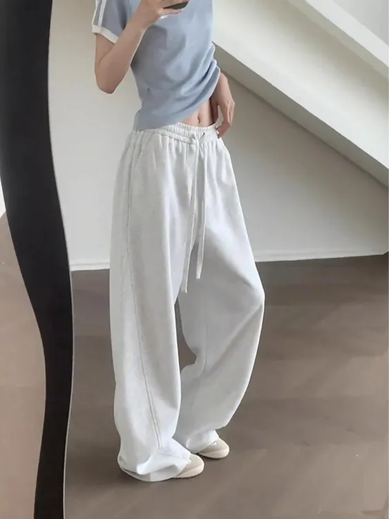 白灰色弯刀卫裤男款春秋加绒垂感高级感阔腿裤子美式运动休闲长裤