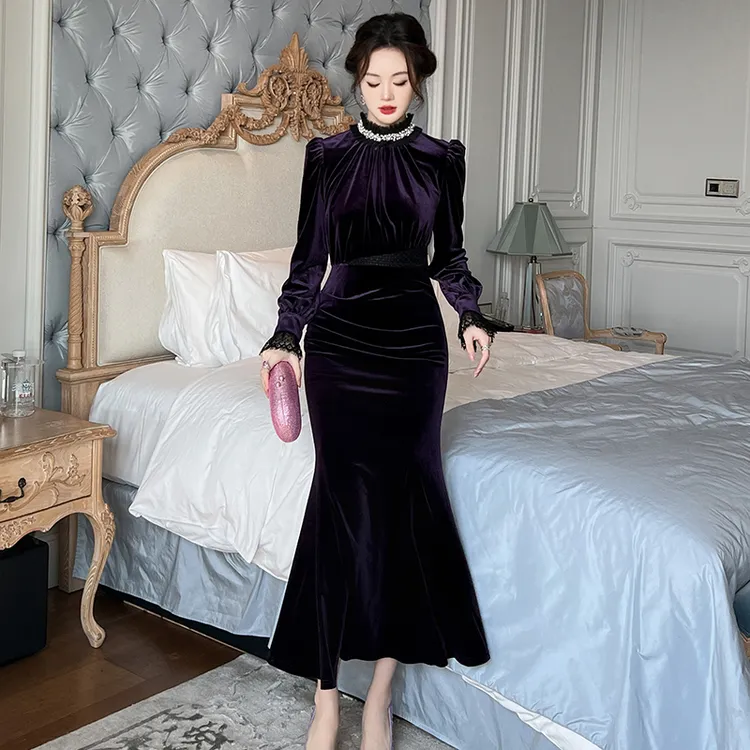 45046 气质长袖高贵修身名媛宴会时尚优雅显瘦包臀连衣裙