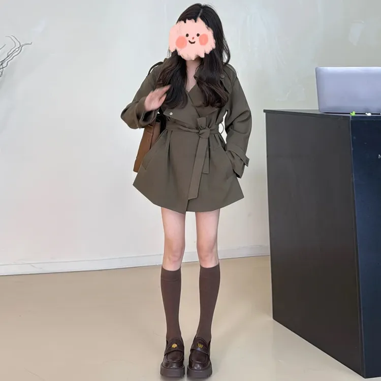 小个子秋款英伦风气质翻领宽松风衣外套女韩系收腰绑带中长款大衣