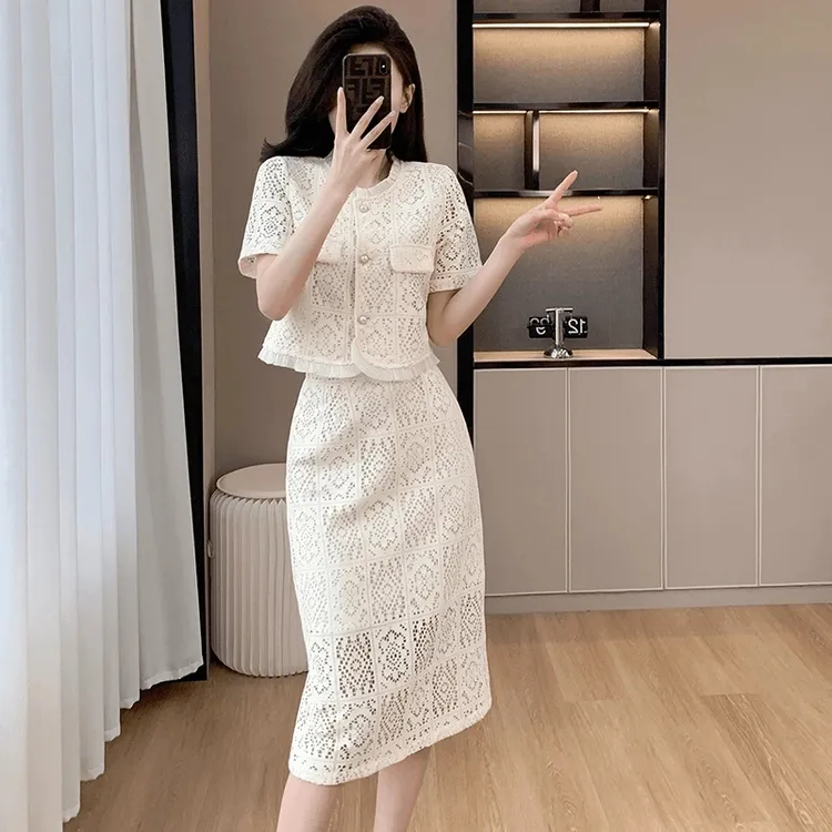2025夏季新款小香风蕾丝上衣半身裙显瘦两件套法式时尚套装365#