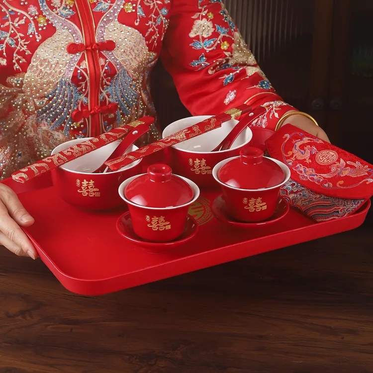结婚敬茶杯一对红色喜碗婚礼嫁妆囍碗筷陪嫁用品改口用敬茶杯套装