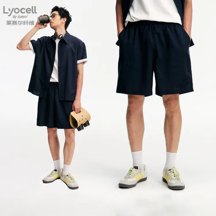 江南先生NewJNXS莱赛尔亚麻激光镂空绣花短裤夏男女宽松舒适裤子