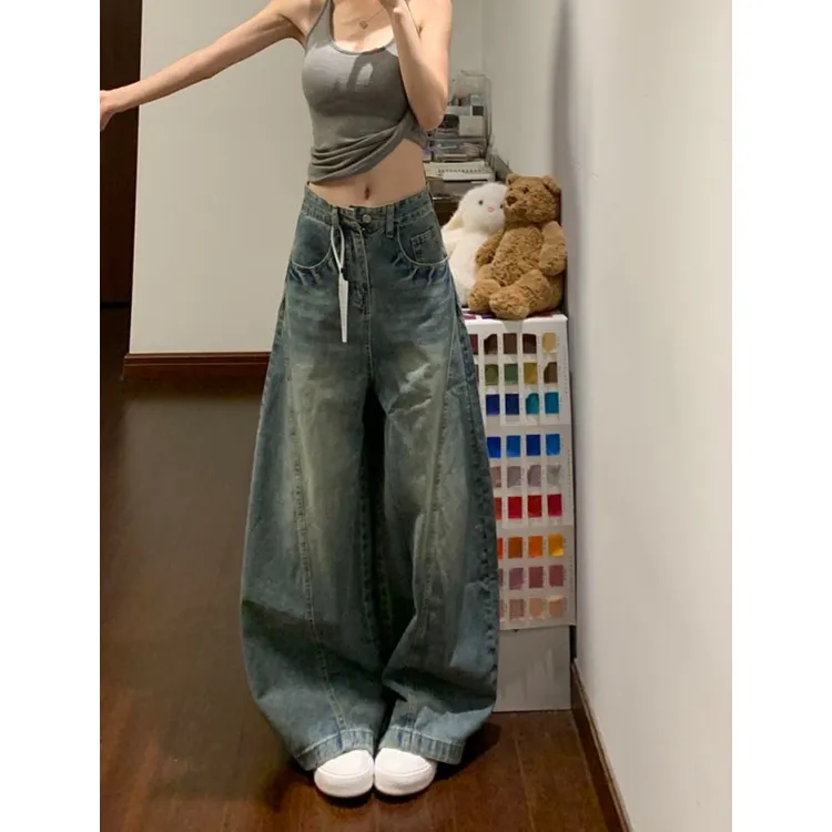 美式复古蓝色弯刀阔腿牛仔裤女秋季新款高腰宽松显瘦垂感拖地长裤