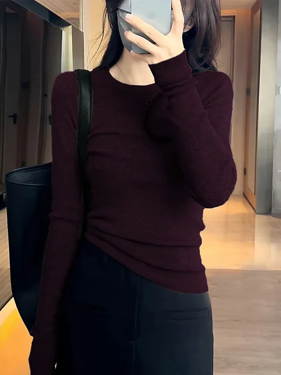 精纺羊毛春秋款圆领针织衫女修身显瘦百搭长袖纯色打底衫简约上衣