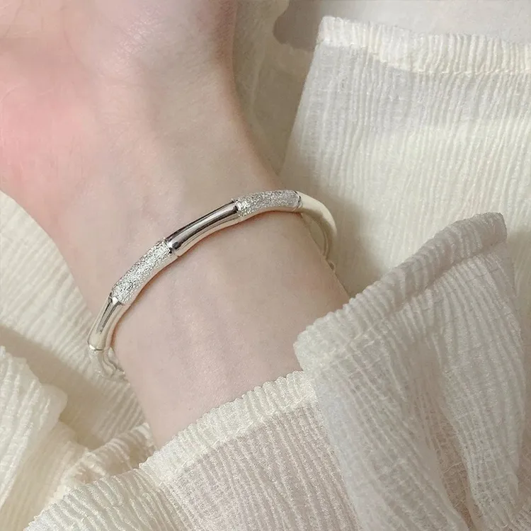 足银手镯 竹节磨砂银手镯女纯银999实心简约年轻款镯子送女友礼物