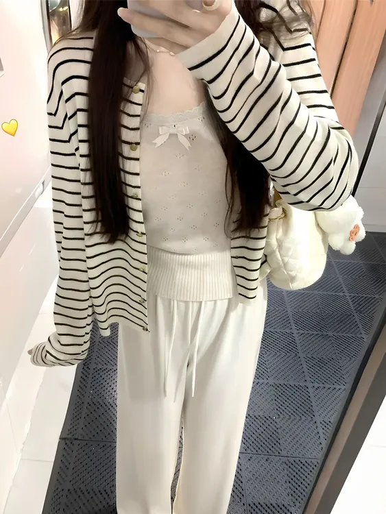 韩系条纹针织开衫外套女秋季纯欲气质小个子宽松休闲显瘦长袖上衣
