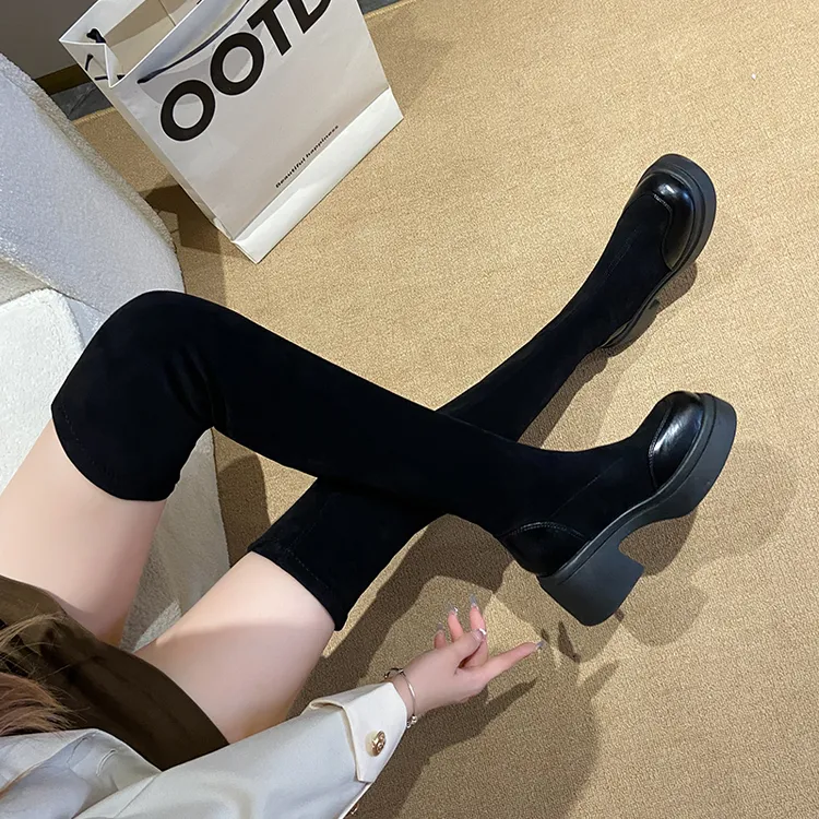 长筒靴女2025年秋冬季新款黑色厚底小个子显瘦弹力绒面高跟过膝靴