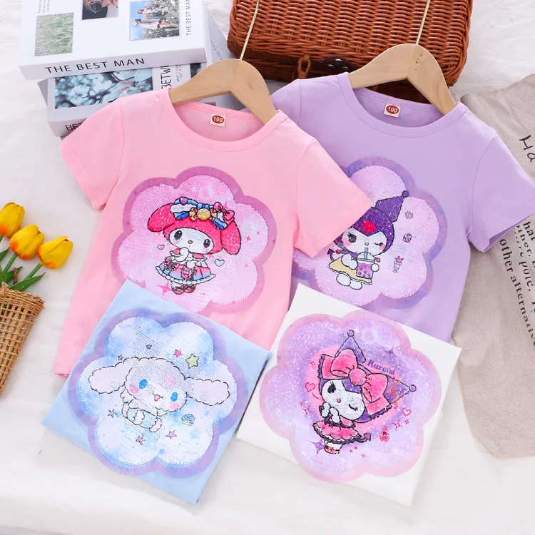 女童休闲T恤短袖儿童变色卡通女童亮片夏季新款中小童洋气上衣棉