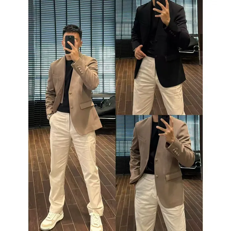 【杰/无领西装/假两件】秋季绵羊毛休闲时尚双开叉无领西服+35867