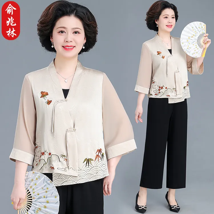 俞兆林妈妈夏装新中式国风套装洋气中老年女气质高贵阔太太两件套