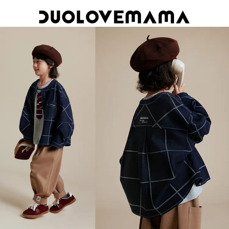 DUOLOVEMAMA 撞色格纹儿童软牛仔外套男女童挺括休闲宽松夹克秋