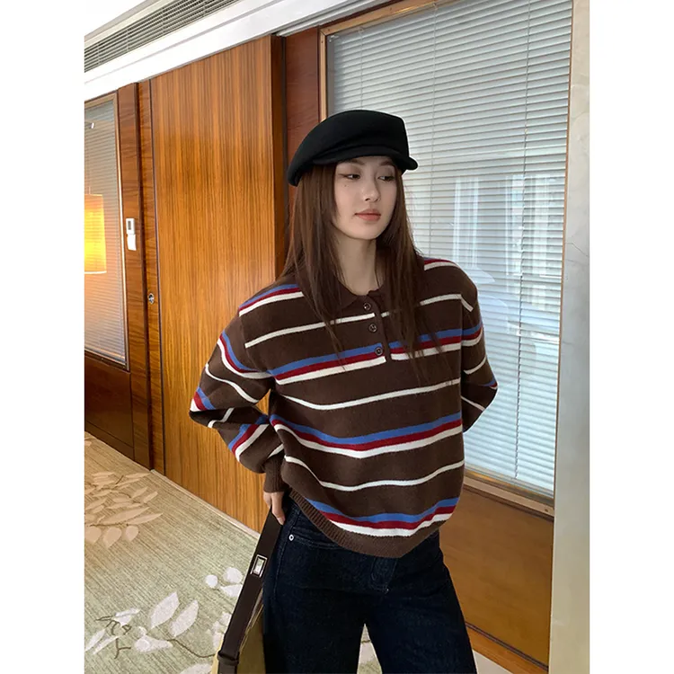 韩系撞色条纹polo领针织毛衣女秋季外穿时髦内搭小个子设计感上衣