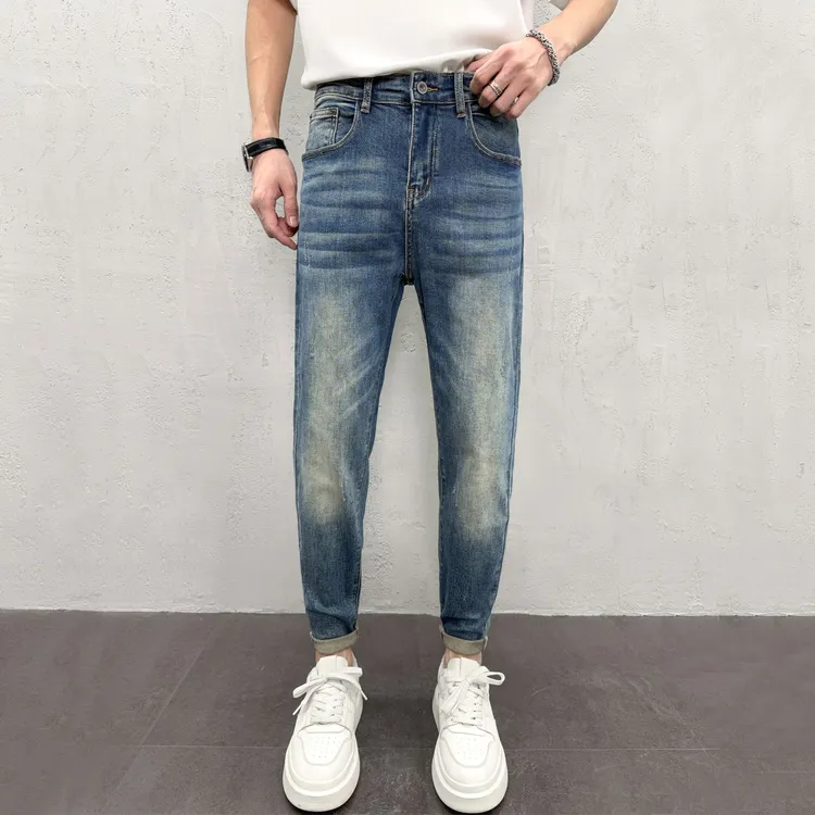 男款秋冬修身牛仔裤简约复古蓝色水洗休闲潮流男士弹力小脚牛仔裤
