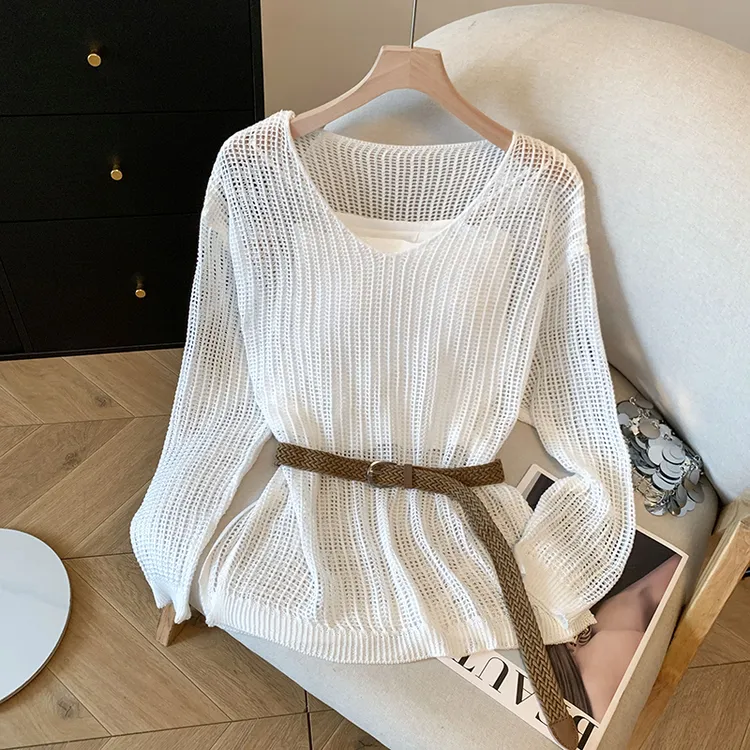 慵懒外搭镂空网格长袖针织衫女夏季内搭吊带背心绑带收腰罩衫上衣