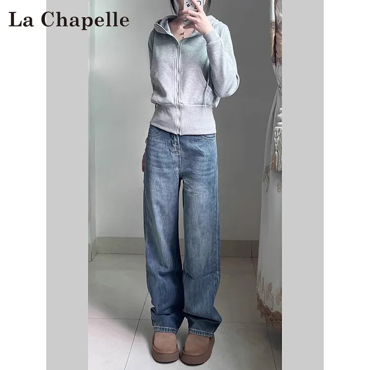 拉夏贝尔窄版加绒阔腿牛仔裤女2025新款复古蓝高腰洋气显瘦直筒裤