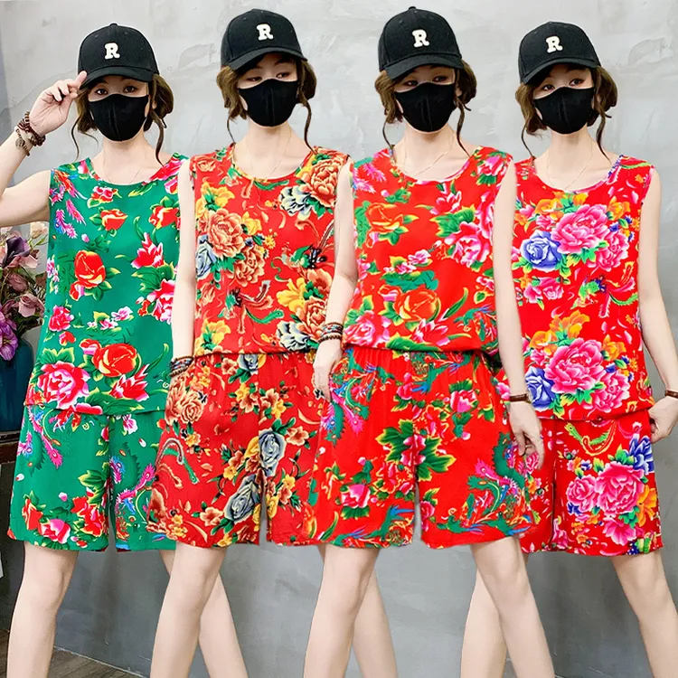 东北大花无袖短裤套装夏棉绸短袖民族风人造棉广场舞二人转演出服