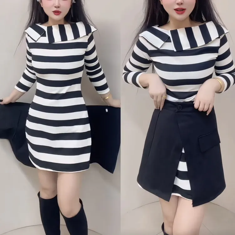 春季条纹连衣裙大衫腰疯气质显瘦降价