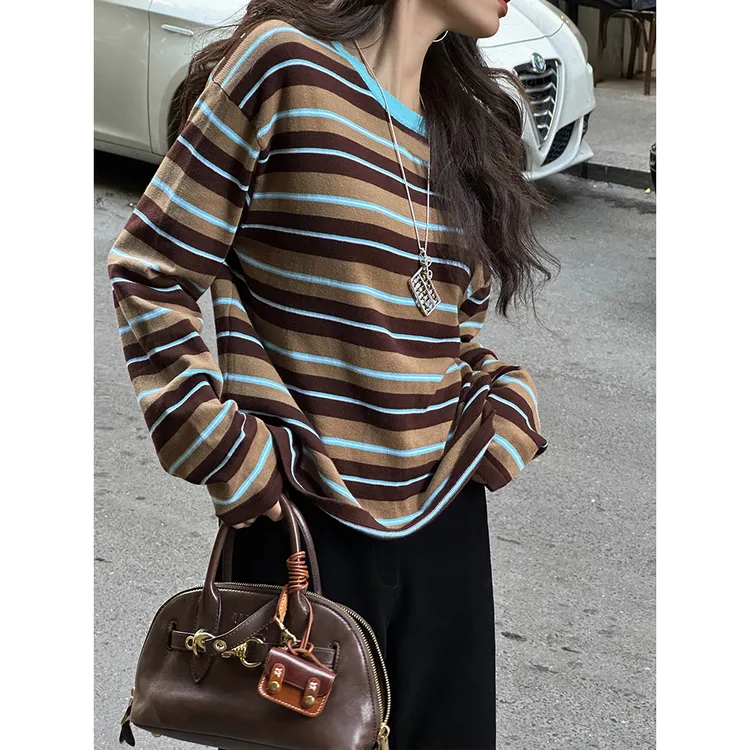 咖色条纹圆领长袖针织衫女早秋2025新款巨好看宽松百搭打底衫上衣