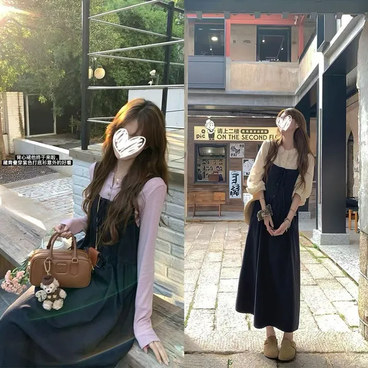 【艺术生背带裙】抽绳宽松A字连衣裙中长款女+撞色纽扣打底衫两件套