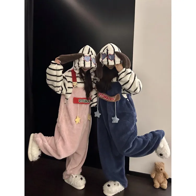 软萌可爱小狗耳朵珊瑚绒连体衣睡衣女冬加绒加厚保暖一体式家居服