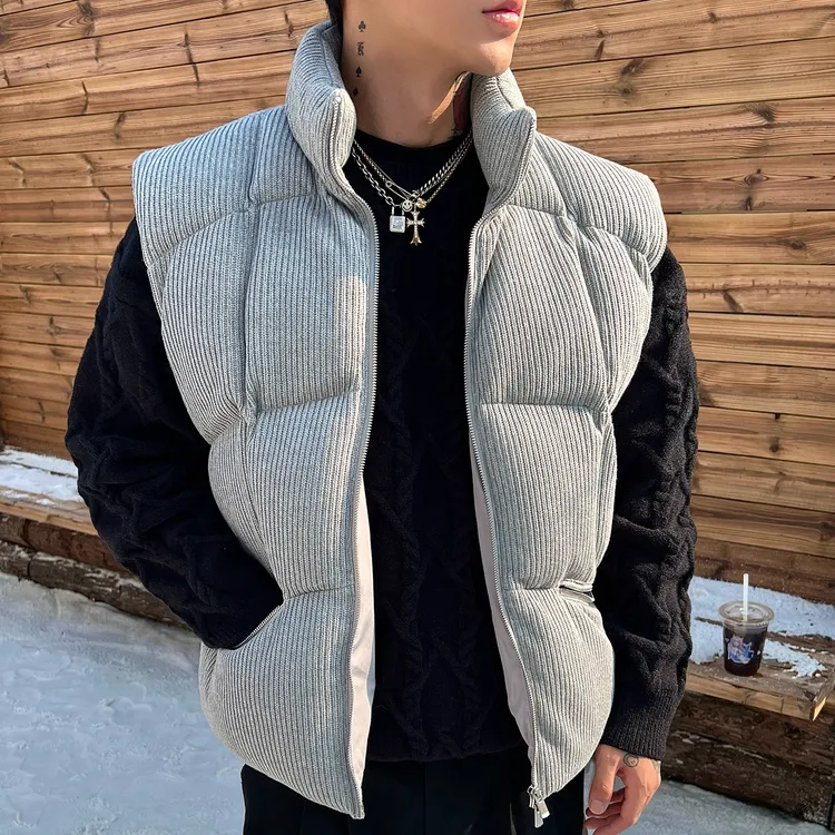 OXFREAK「绗缝龟背设计」灰色立领针织棉马甲男秋冬保暖加厚背心