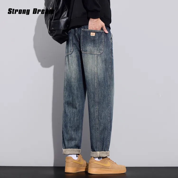 美式复古水洗牛仔裤男士潮牌2025秋冬新款宽松哈伦加绒加厚长裤子