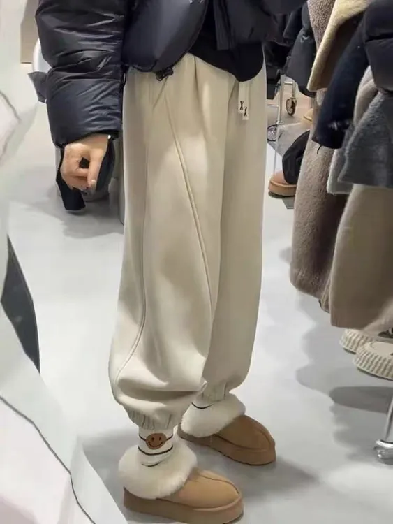 加绒裤子女2025秋冬新款韩版高腰显瘦束脚裤宽松休闲保暖九分卫裤