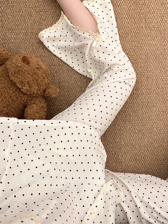 纯欲风波点甜美蕾丝开叉云朵棉短袖睡衣女夏季新款套装外穿家居服