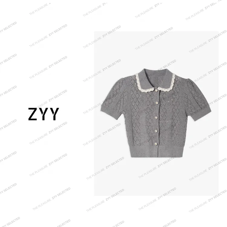 ZYY【浪漫定格】2025S/S新品烫钻钩花翻领短袖针织衫X25XZZ00606