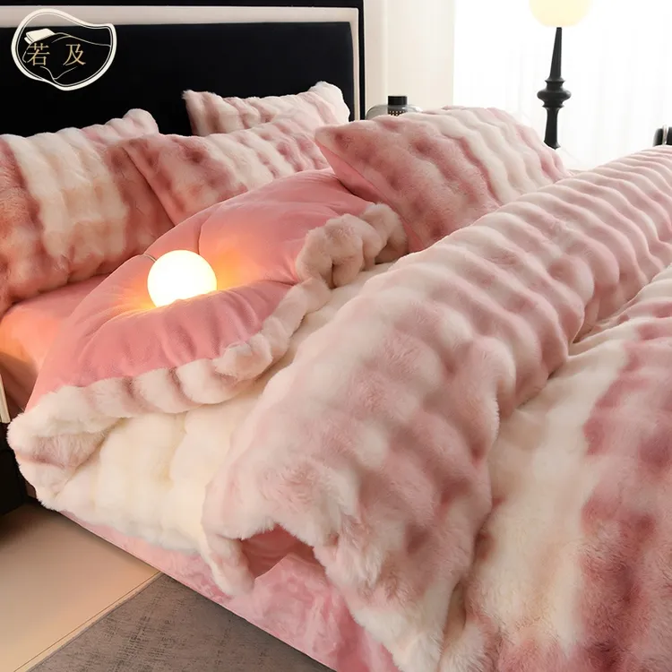 若及高端A类加厚双面绒保暖兔兔毛绒牛奶绒冬 季轻奢被套四件套