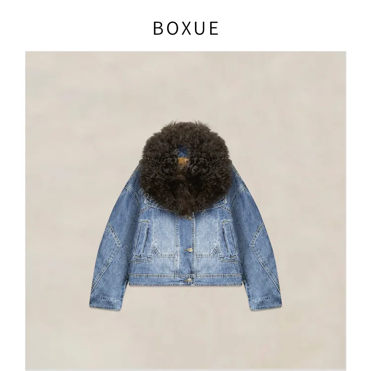 BOXUE“蓝月精灵”2025秋冬羊毛领牛仔90白鸭绒羽绒服#251127YR7064