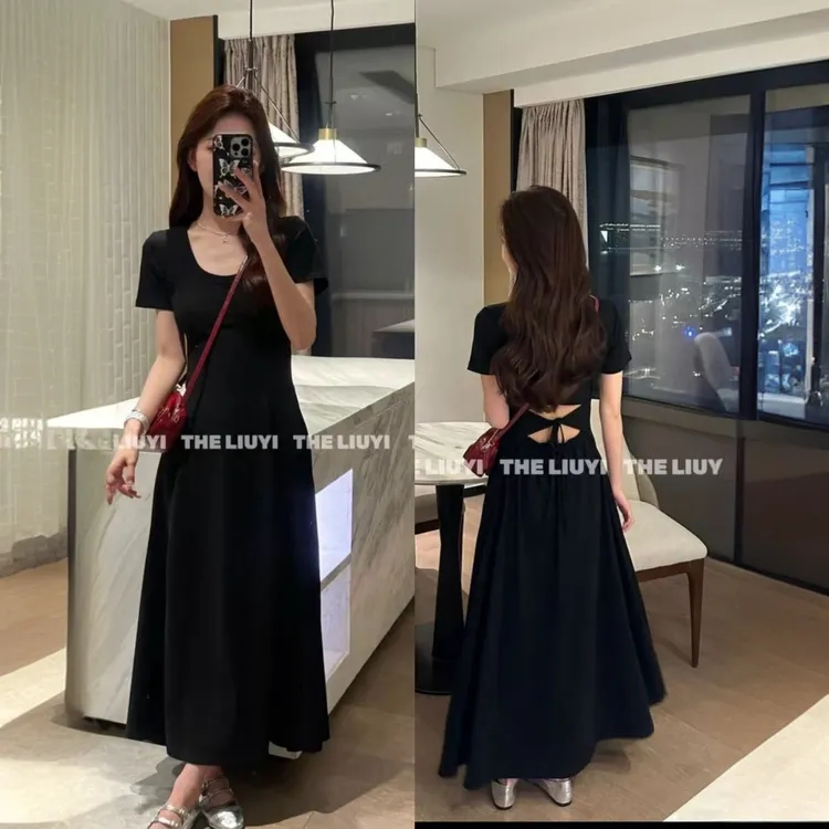 显瘦露腰连衣裙女2025夏季新款垂感度假气质修身收腰长裙潮