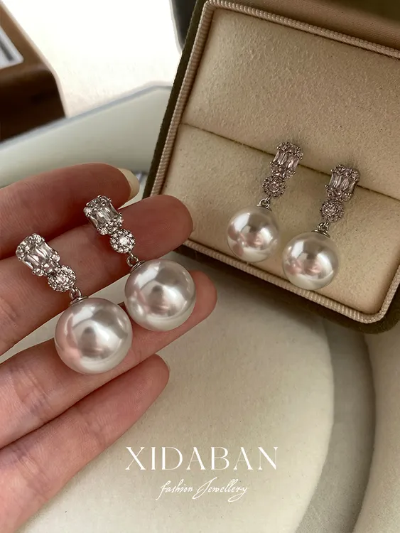 925银仿水晶耳饰 戴妃款施家珍珠s925银耳钉高级感人造澳白珍珠