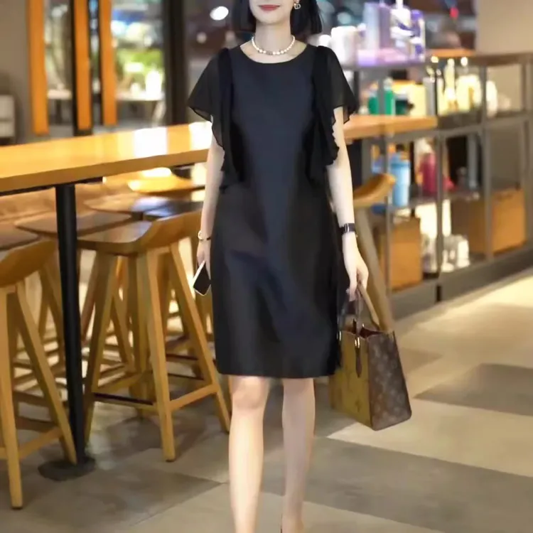 高雅夏季新款高端精致荷叶边中长款黑色连衣裙显瘦女