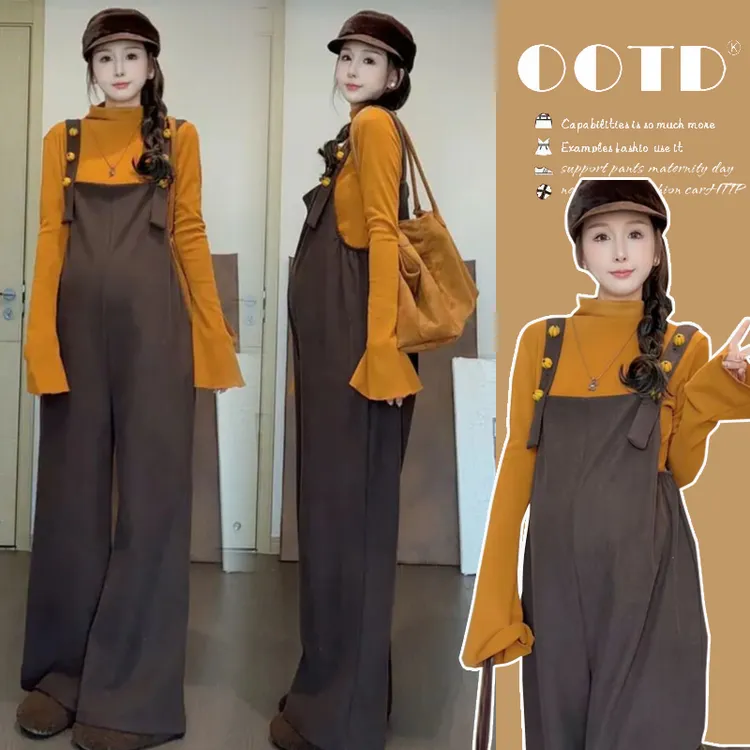 显白显气质孕妇背带裤秋冬季加绒加厚韩版孕妇装秋冬装套装连体裤