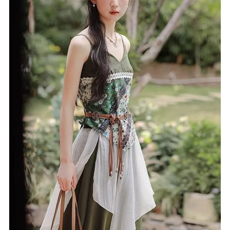 现货民族风穿搭绿色吊带背心不规则半身裙开衫套装女波西米亚实价