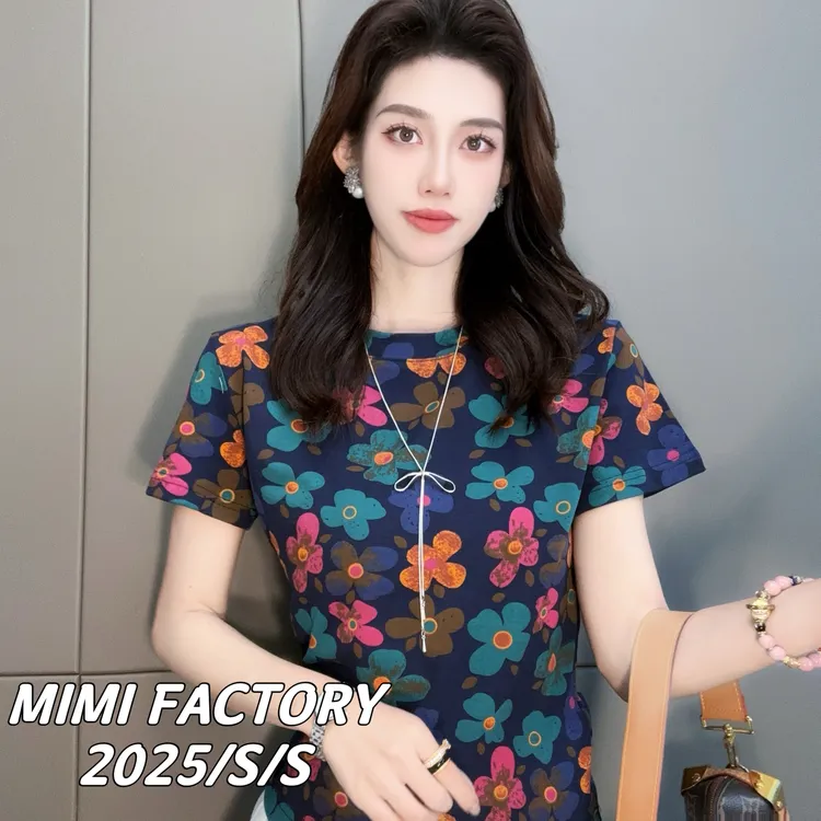 2025夏季新款 欧货满印花朵短袖T恤女修身显瘦时尚百搭4919#