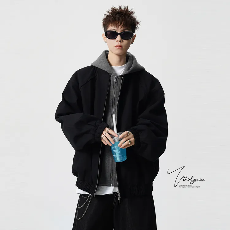 V37美式复古假两件连帽夹克男冬季情侣宽松加厚外套休闲百搭棉衣