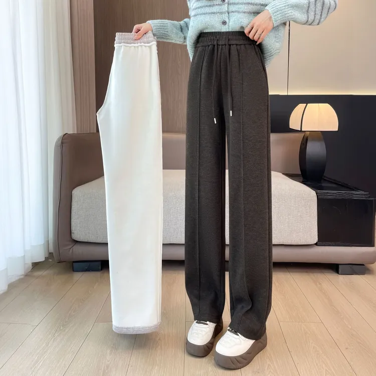 加绒窄版阔腿裤2025秋冬季垂感高腰直筒裤子女休闲羊毛呢裤人字纹