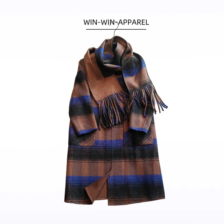 秋冬时尚经典格纹毛呢外套中长款保暖呢大衣宽松休闲8021气质