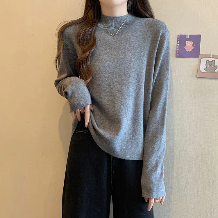 大码遮肚子半高领针织打底衫女秋冬内搭胖MM宽松显瘦百搭长袖上衣